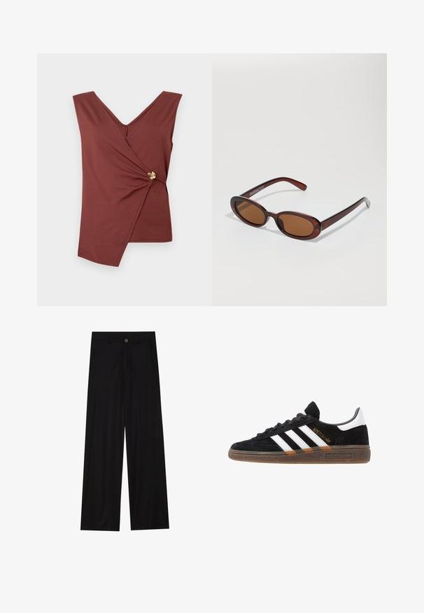 Top marrone senza maniche con orlo asimmetrico e una chiusura decorativa dorata sul lato.; Pantaloni neri a gamba larga realizzati in un tessuto liscio, dotati di tasche frontali e chiusura con bottone in vita. Design minimalista senza motivi.; Sneaker Adidas nere con strisce bianche, testo "Spezial" dorato, suola in gomma e tab sul tallone bianco, mostrato in veduta laterale.; Occhiali da sole rotondi con tonalità marrone, montatura lucida color bordeaux. Aste sottili con un sottile dettaglio del marchio. Design delle lenti piatte.; Grande borsa a tracolla in paglia con un esterno beige testurizzato e due manici larghi. Presenta una cintura in pelle come chiusura.
