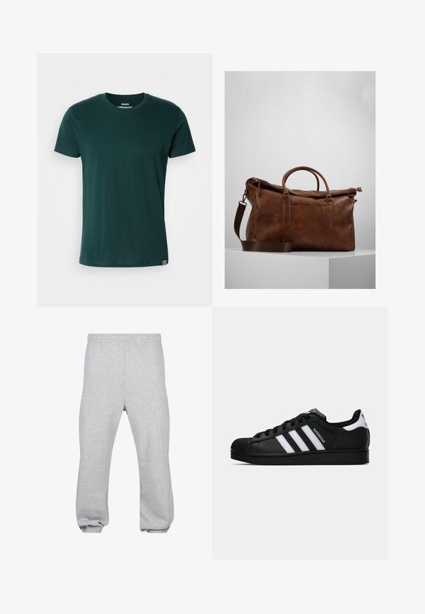 Tume rohelise puuvillase T-särgi ümmargune kaelus, lühikesed varrukad ja väike triibuline detail allääres. Lihtne, klassikaline disain.; Hallide hallid puuvillasegusest kangast dressipüksid, millel on elastne vöökoht, kitsenevad jalad ja mansetid. Lihtne disain, ilma mustriteta.; Mustad musta värvi Adidas Superstar toss, millel on valged triibud, koonuseline varvas ja küljes "Superstar" tekst, esitatud külgvaates valgel taustal.; Pruunist nahast nädalavahetuse kott, millel on lukuga sulgur, topeltkäepidemed, reguleeritav õlavarre rihm ja nähtavad tekstuurimustrid pinnal.