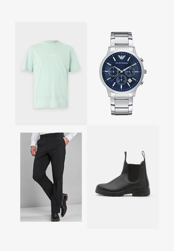 Svetlo mentolovo zelené bavlnené tričko s okrúhlym výstrihom, krátkymi rukávmi a malou bielou textovou grafikou na hrudi. Hladká textura a voľný strih.; Čierne nohavice so strihom na mieru, s hladkou textúrou, rovnými nohavicami a pútkami na opasok, v kombinácii s lesklými čiernymi formálnymi topánkami.; Čierne kožené Chelsea topánky s elastickými bočnými panelmi, pútkom na obúvanie, robustnou gumovou podrážkou a prešívanými detailmi. Hladký povrch po celej dĺžke.; Emporio Armani Chronografické hodinky - silver-coloured