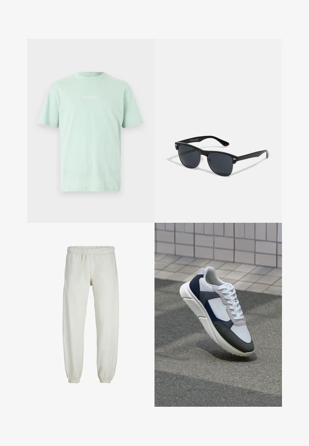 Gai piparmētru zaļš kokvilnas T-krekls ar apaļu izgriezumu, īsām piedurknēm un nelielu baltu tekstu uz krūšu daļas. Gluda tekstūra un brīvs griezums.; Baltas treniņbikses, izgatavotas no mīkstas auduma, ar elastīgu jostu un piedurknēm, gluda tekstūra un brīva piegriezuma dizains.; Balti, tumši zili un pelēki sporta apavi ar jauktu materiālu dizainu, kuram ir teksturēts augšdaļa, plakani šņores un mīkstināta zole.; Melnas saulesbrilles ar taisnstūra formu, tumšiem stenģiem, sudraba akcentiem pie tempļiem un matētu apdari uz rāmja.