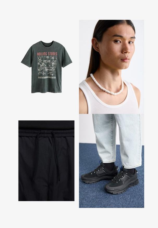 Next LICENSE REGULAR - T-shirt con stampa - grey rolling stones; Shorts neri con vita regolabile tramite coulisse, tessuto leggero con una texture liscia e un design semplice senza loghi o motivi visibili.; Scarpe sportive nere con tessuto testurizzato e suole in gomma, dotate di lacci elastici e un accento blu sul tallone. Indossate con pantaloni in denim chiaro.; Collana di conchiglie bianche composta da forme irregolari, indossata sopra una maglietta bianca aderente. Texture liscia con una leggera lucentezza, design aderente.