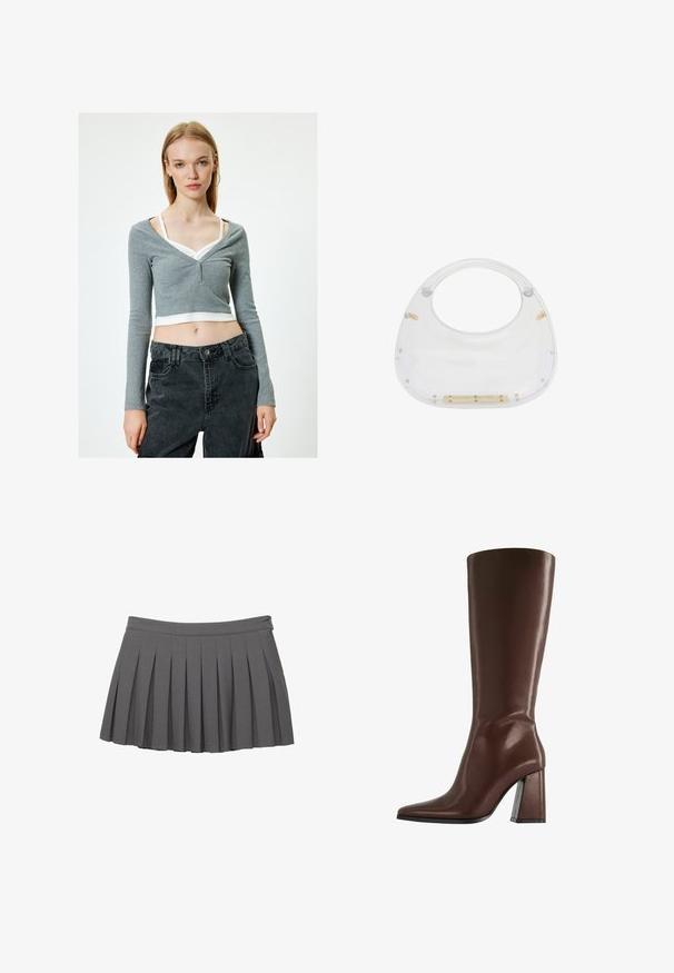Grijze cropped lange mouwen top met een V-hals, voorzien van drie knopen aan de voorkant. Gecombineerd met donkere high-waisted broeken. Witte tanktop zichtbaar eronder.; Grijze geplooide minirok met een knoopband en een kleine logo-versiering aan de rechterkant.; Bruine kniehoge leren laars met puntige neus en stevige hak van middelhoge hoogte, zijaanzicht op witte achtergrond.; Duidelijke acryltas met een afgeronde bovenkant en open handvat. Kenmerkt zich door gouden hardwaredetails en een gladde, gepolijste afwerking.