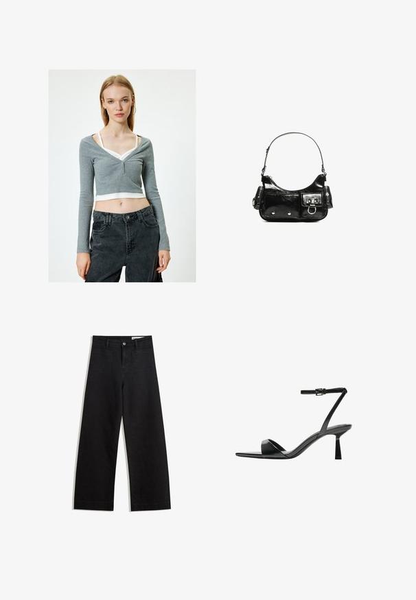 Grå cropped langærmet top med V-hals, der har tre knapper fortil. Båret med mørke højhalsede bukser. Hvid tanktop synlig under.; Sorte wide-leg denim bukser med høj talje, der har front- og baglommer, syede sømme og en knaplukning. Glat tekstur.; Bershka Højhælede sandaletter / Højhælede sandaler - black; Sort patenteret læder håndtaske med en buet form, en skulderrem, frontlommer og hardware accenter i sølvfarve.