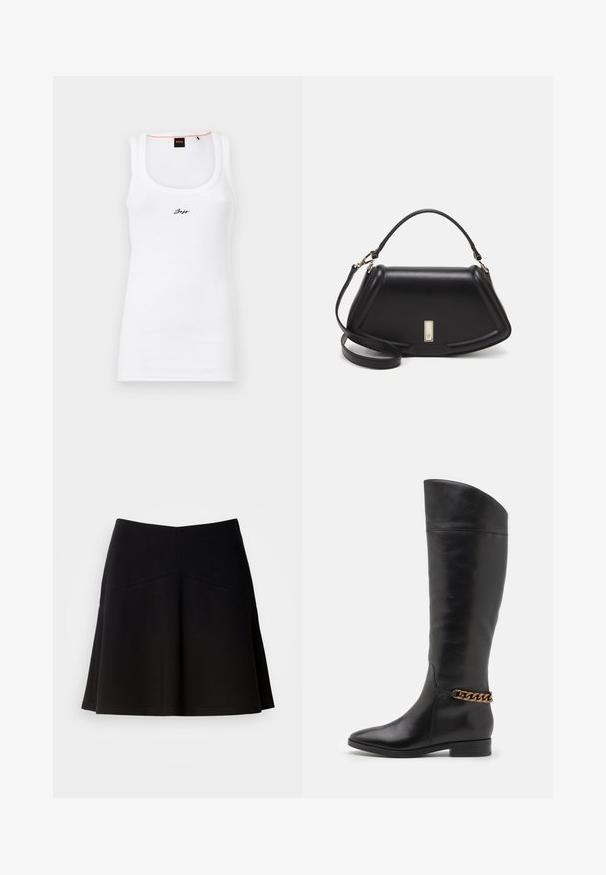 Valkoinen puuvillainen hihaton paita, jossa on ribbitekstuuri, pyöreä kaula-aukko ja etupuolella pieni musta brodeerattu logo.; Mustassa leveässä hameessa on pehmeä kangas, jossa on muotoiltu vyötärö ja sauman yksityiskohtia. Sileä rakenne yksinkertaisella, klassisella muotoilulla.; Pitkiä mustista nahkasaappaista, joissa on tyylikäs muotoilu, terävä kärki ja kultaketjuakseli nilkassa. Matala lohko korko. Sujuva pinta.; Mustalla nahkalaukulla, jossa on jämäkkä muotoilu, lyhyt malli, yläkahva ja kultaiset yksityiskohdat. Säädettävä olkahihna sisältyy.; Kultaketjuiset korvakorut kullasta ja hopeasta, joissa on kudotut muodot, koristeltuna kirkkailla kivillä ulkoreunoilla, esittelemässä monimutkaista yksityiskohtaisuutta.