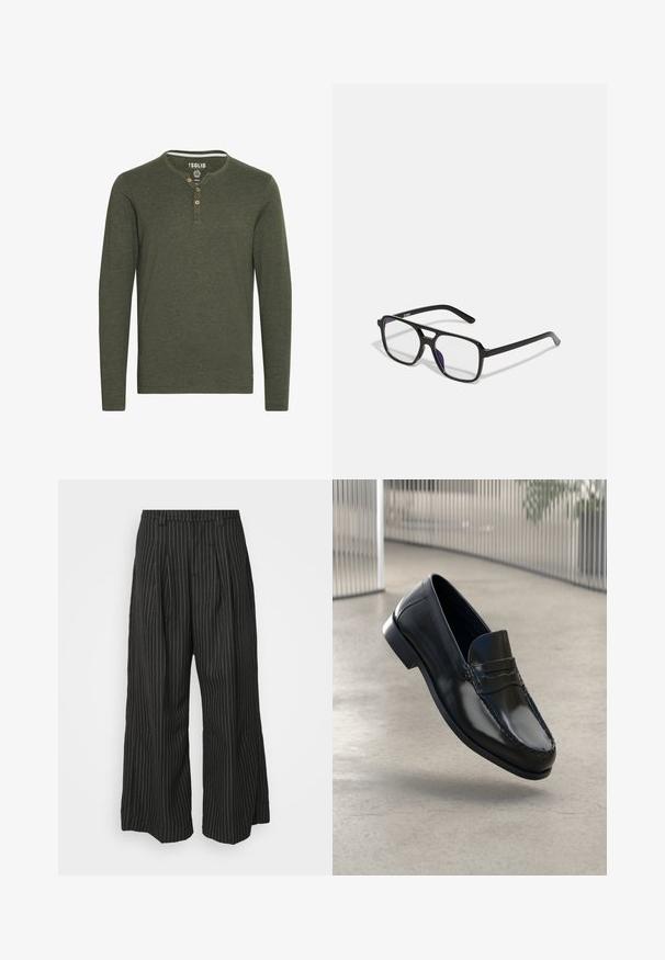 Solid SDVOLKO - Ilgarankovis viršutinės dalies drabužis - olive; Juodos dryžuotos plačios kojos kelnės su klostėmis, turinčios pritaikytą dizainą ir minkštą tekstūrą. Nėra matomų metalinių detalių ar akcentų.; Juodi odiniai bateliai be kulno, su lygia apdaila, apvalia nosimi, dekoratyviomis siūlėmis ir šiek tiek pakelta pado dalimi.; Juodo stačiakampio formos akinius su skaidriais lęšiais ir subtiliu purpuriniu tonu, turinčius elegantiškas rankenas ir minimalistinį dizainą.