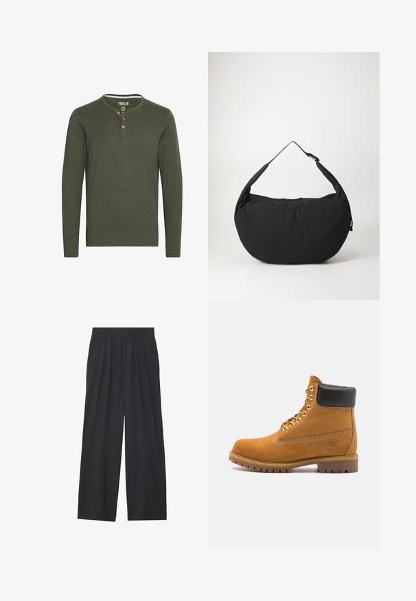 Solid SDVOLKO - Hosszú ujjú felső - olive; Sötétszürke anyagból készült, bő szárú nadrág. Ráncokkal a deréknál, elegáns fazonnal és egyenes sziluettel rendelkezik.; Barna velúr bokacipő fekete párnázott gallérral, arany fém fűzőlyukakkal, fehér varrási részletekkel és durva gumitalppal, amelynek kifejezett barázdái vannak.; Fekete szövet válltáska ívelt formával, egyetlen pánttal és cipzáras záródással. Puha tapintás, minimalista dizájn.