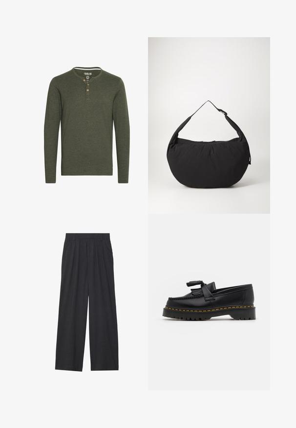 Solid SDVOLKO - Pitkähihainen paita - olive; Suorat lahkeet valmistettu tummanharmaasta kankaasta. Ominaisuuksiin kuuluu laskokset vyötäröllä, muotoilu on siisti ja siluetti suora.; Musta nahkakengät, joissa on tupsuakkentti, paksu musta pohja ja keltainen ommel reunassa. Rakeinen pinta.; Musta kangaskassi, joka on kaarevamuotoinen, yksi olkahihna ja vetoketjukiinnitys. Pehmeä rakenne, minimalistinen muotoilu.