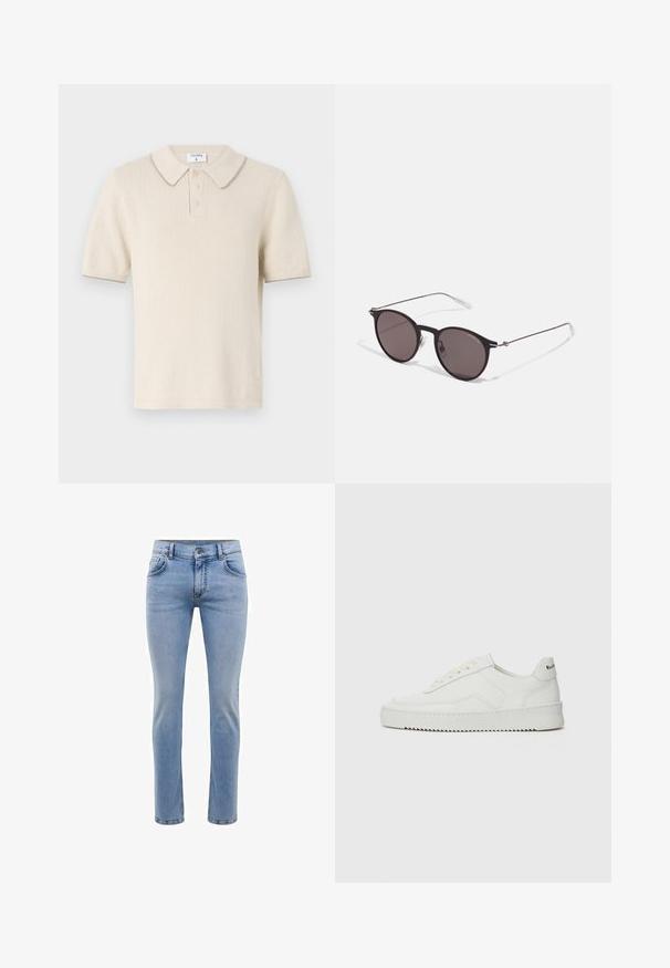 Krēmaa krāsa polo krekls ar īsām piedurknēm, ribota tekstūra, trīs pogu aizdare un kontrastējošs apkakle. Materiāls šķiet mīksts un viegls.; Gai zila denima bikses ar šauru piegriezumu, piecām kabatām un taisnu kāju dizainu. Iekļautas rāvējslēdzēju aizdare un jostas cilpas. Mīksta tekstūra.; Baltas ādas sneakers ar gludu virsmu, apaļu pirkstu daļu, plakaniem šņorēm un teksturētu zoli. Satur diskrētu logotipu uz papēža.; Melni apaļi saulesbrilles ar tumšiem lēca un plānām metāla stangām. Iekļautas caurspīdīgas tempļu galviņas un sudraba akcenti pie eņģes. Minimalistisks dizains.