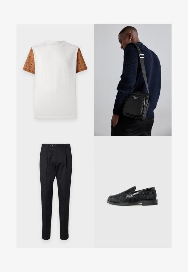Tričko s krátkým rukávem bílého těla a vzorovanými hnědými rukávy, které mají opakující se design v černé barvě. Podrobný logo na hrudi.; Černé kalhoty z hladkého materiálu s pukem vpředu, zapínáním na knoflík a ohrnutými manžetami u kotníků.; Černé pletené nazouvací boty s hladkým koženým akcentem na svršku, kulatou špičkou a nízkoprofilovou gumovou podrážkou.; Černá kožená crossbody kabelka s zipovou kapsou, detailem loga a nastavitelným popruhem se značkou. Nositá na texturovaném námořnickém svetr.
