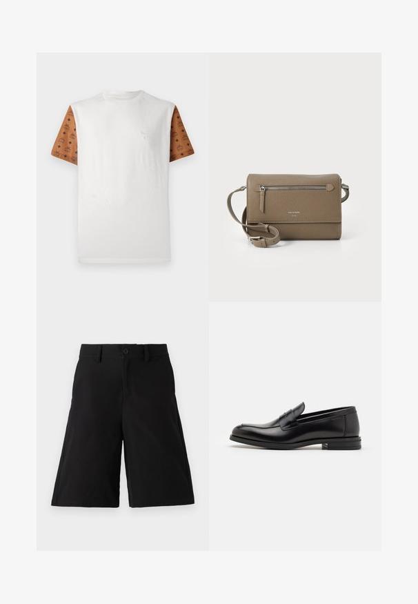 T-shirt de mangas curtas com corpo branco e mangas castanhas estampadas, apresentando um padrão repetido em preto. Logotipo detalhado no peito.; Calções pretos feitos de tecido em mistura de algodão, apresentando um corte reto, fecho frontal com botão, bolsos laterais e uma textura suave.; Mocassins de couro preto com uma textura suave, bico arredondado e uma faixa decorativa sobre o peito do pé. Salto baixo e empilhado, design minimalista.; Bolsa crossbody em couro taupe com um bolso frontal com fecho, alça ajustável, textura de pedra e logótipo em relevo na parte da frente.