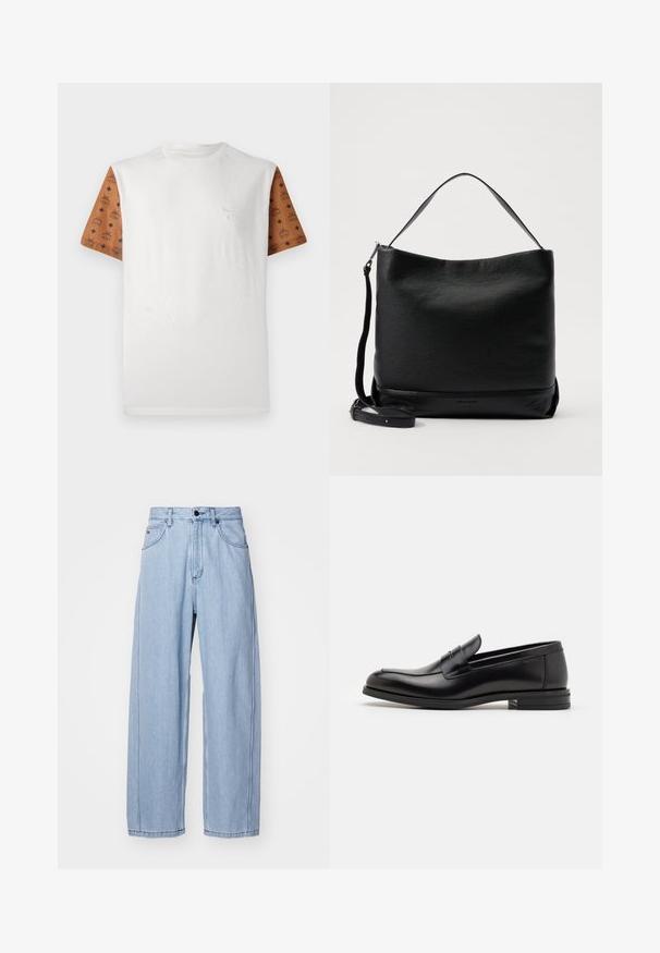 Lyhythihainen T-paita, jossa on valkoinen vartalo ja kuvioidut ruskeat hihat, joissa on musta toistuva kuvio. Yksityiskohtainen logo rinnassa.; Vaaleansiniset farkut, joissa on leveä lahje, etutaskut, napitus ja yksityiskohtainen ompelu saumoissa.; Mustat nahkakengät, joissa on sileä pinta, pyöreä kärki ja koristeellinen nauha jalkapöydän yli. Matala pinoitu koroke, minimalistinen muotoilu.; Mustapohjainen nahkainen olkalaukku, jossa on teksturoitu pinta, kaareva yläosa ja irrotettava hihna. Ominaisuuksiin kuuluu yksinkertainen muotoilu, jossa on minimaalinen käytönnön varustus.