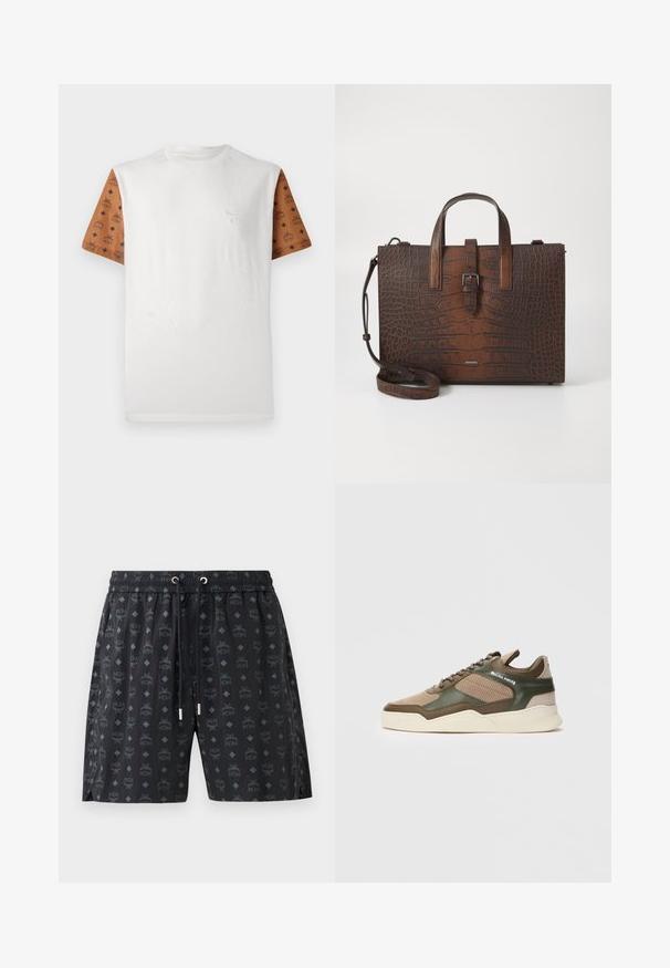 Short-sleeve T-shirt with a white body and patterned brown sleeves featuring a repeating design in black. Detailed logo on the chest.; Black swim shorts featuring a repeated logo pattern and diamond shapes. Made of lightweight material, with an elastic waistband and drawstring.; Beige and green low-top sneaker with perforated sides, white sole, lace-up front, and "FILLING PIECES" branding on the side panel.; Brown crocodile-embossed leather handbag with top handles and a detachable shoulder strap. Features a buckle closure and rectangular shape.
