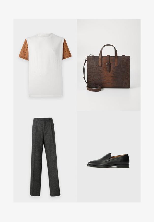 Īsām piedurknēm T-krekls ar baltu ķermeni un rakstainām brūnām piedurknēm, kam ir atkārtots melns raksts. Uz krūšu ir detalizēts logo.; Pelēki piegriezti bikses, izgatavotas no tekstūras auduma, ar diviem priekšējiem krokām un taisnu kāju dizainu. Nav redzamu kabatu vai rotājumu.; Melnas ādas loafers ar noapaļotu purngala formu, smalku izšuvumu un zemu papēdi, piedāvājot gludu tekstūru un minimālistisku dizainu.; Brūna krokodila ādas rokassoma ar augšējiem rokturiem un noņemamu plecu siksnu. Iezīmes: sprādzes aizdare un taisnstūra forma.