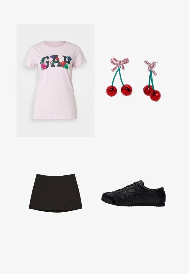 GAP - T-shirt z nadrukiem; Satynowa koszula z długim rękawem w różowo-czerwony abstrakcyjny wzór, klasyczny kołnierzyk oraz prosty krój z zaokrąglonym dołem.; Czarna mini spódnica wykonana z gładkiego materiału, o prostym kroju z bocznymi rozcięciami i czystym wykończeniem. Prosta i uniwersalna.; Czarny sportowy but z wykonaniem ze skóry, z zamszowymi akcentami i gumową podeszwą. Posiada niski profil, zaokrąglony czubek oraz płaskie sznurówki.; Betsey Johnson - Kolczyki