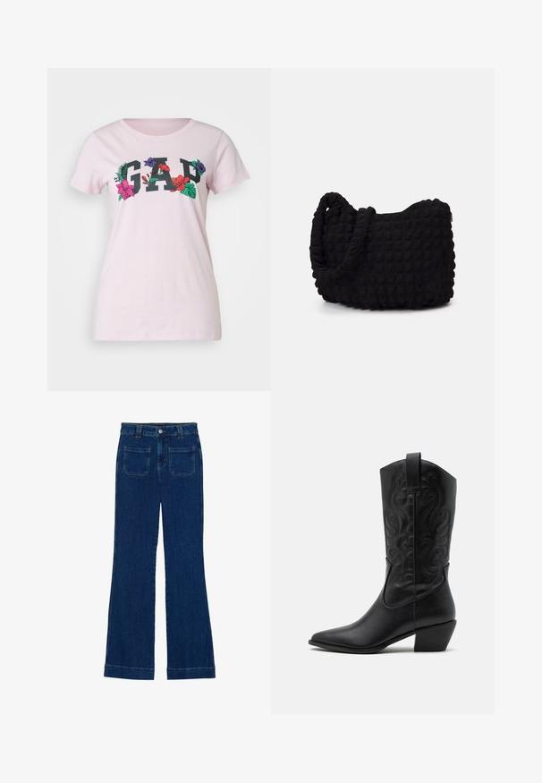 GAP TEE - Camiseta estampada - light peony; Vaqueros de campana de mezclilla en azul oscuro con una textura suave, diseño de cinco bolsillos y cierre de botón en la cintura.; Botas de vaquero de cuero negro con punta afilada, patrones en relieve en espiral y un tacón de altura media. Presentan una lengüeta para facilitar el uso.; Bolsa de tela negra con un patrón texturizado y acolchado. Forma redondeada, asas cortas y gruesas, y una estructura blanda y flexible.