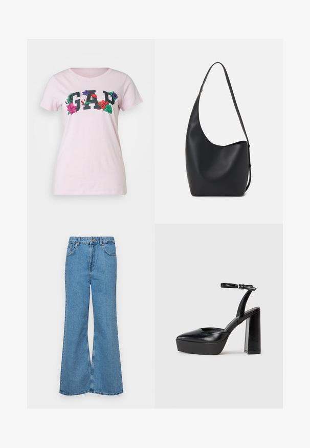 GAP TEE - Tričko s potlačou - light peony; Svetlomodré rozšírené džínsy vyrobené z denimu, s vysokým pásom, piatimi vreckami a jednopoložkovým zapínaním na gombík. Mäkká textúra s vyblednutým povrchom.; Čierne platformové podpätky so špicatou špičkou a nastaviteľným členkovým remienkom. Vyrobené z hladkej kože a so robustným blokovým podpätkom.; Čierna kožená hobo taška so hladkou textúrou, zakriveným tvarom a jedným nastaviteľným popruhom; má široké otvorenie na vrchu.