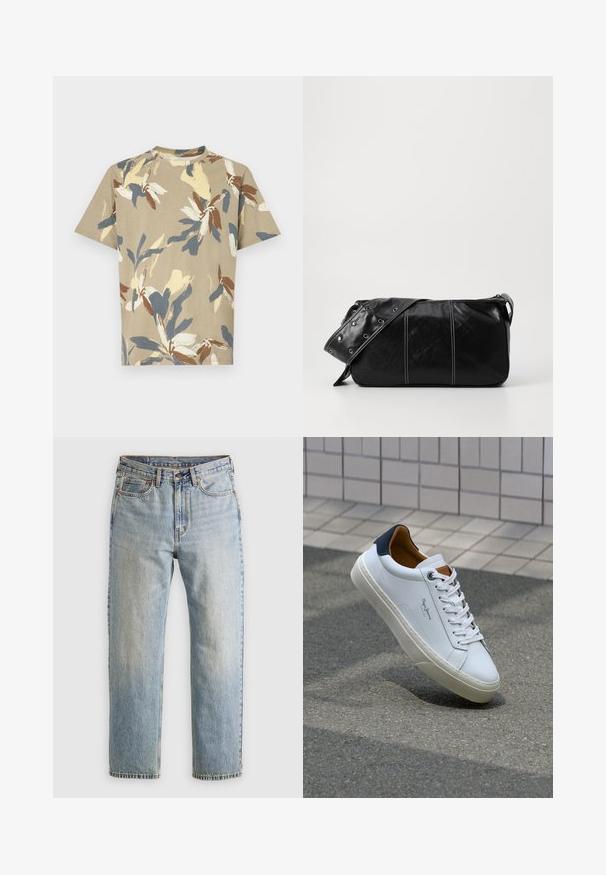 Lühikeste varrukatega, ringkaelusega t-särk beežis, millel on mitmevärviline lillemotiiv sinise, kollase ja pruuni värviga. Pehme kangas ja mugav lõige.; Heledad hele sinine teksapükste kõrge vöökoht, ees nupuga, lukuga ja viie taskuga disain, asetatud tasasele neutraalsele taustale.; Valge nahast tennis, millel on tumesinine konts, ümmargune nina ja kontrastsed pruuni aktsendid. Omab lamepaelti ja tekstureeritud kummist tallat.; Must mustra nahkainine õlakott, millel on tõmblukk, tekstureeritud pind, valged õmblused ja rihm hõbedaste rõngastega.