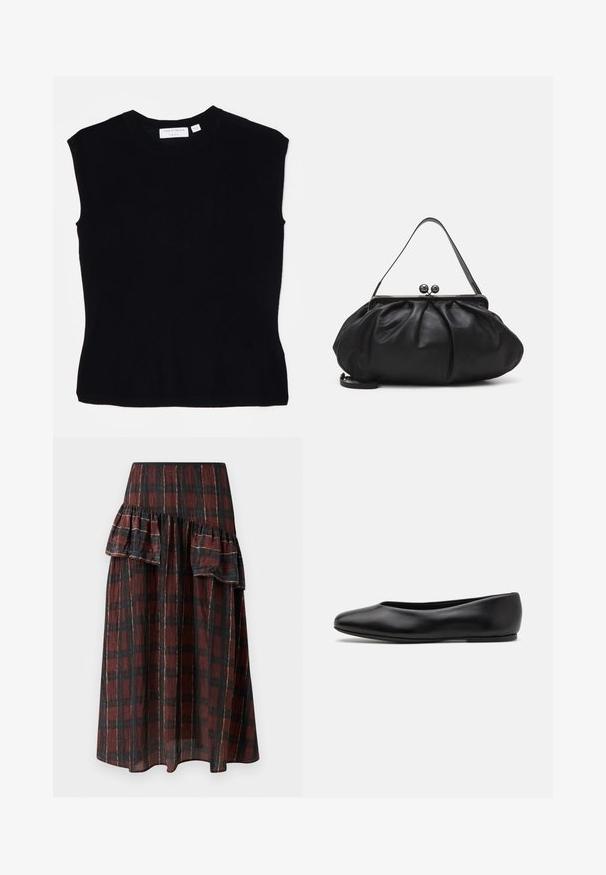 Czarny bezrękawnik wykonany z dzianiny, z okrągłym dekoltem i dopasowanym krojem o gładkiej fakturze. Metka z tyłu.; Maxi spódnica w ciemnoczerwono-czarny wzór w kratę, z warstwowymi falbanami w talii, wykonana z lekkiego materiału o miękkiej fakturze.; Paul Smith TOPANGA czarny; Czarna skórzana torebka o zaokrąglonym, plisowanym wzorze. Posiada metalowy zamek z dwoma dekoracyjnymi kulkami oraz smukły, odpinany pasek.