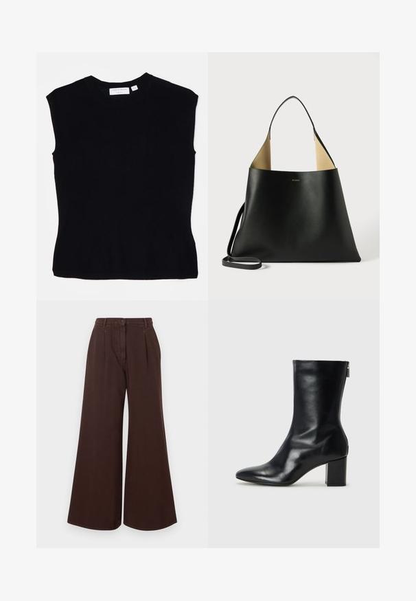Top negru fără mâneci, fabricat dintr-un material tricotat, cu un decolteu rotund și o siluetă ajustată, având o textură netedă. Etichetă pe spate.; Pantaloni maro cu talie înaltă, cu picioare largi, închidere cu nasture și fermoar, cu bucle pentru curea și pliseuri în față.; Botină din piele neagră, cu vârf ascuțit și toc bloc de 4 cm. Design elegant, cu un fermoar lateral pentru o îmbrăcare ușoară. Textură netedă.; Geantă tote din piele neagră, cu un design spațios și unghiular. Dispune de un interior contrastant bej și o curea subțire pentru umăr. Branding minimalist afișat.