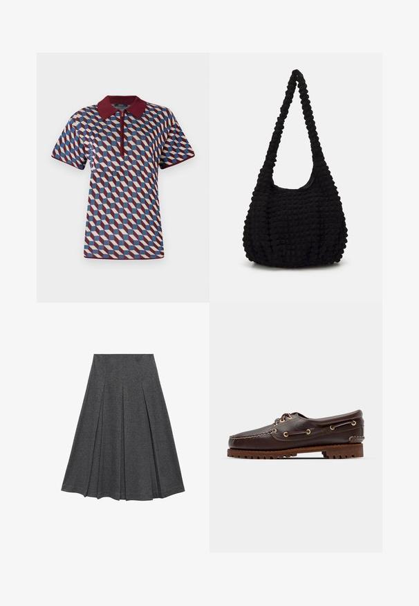 Koszulka polo w geometryczny wzór z maroon, niebieskim i kremowym kolorem, z krótkimi rękawami i zamkiem błyskawicznym oraz ściągaczem przy kołnierzyku.; Szara plisowana spódnica o rozszerzającym się kształcie, wykonana z miękkiego materiału. Posiada poziome plisy oraz gładką talię dla dopasowanego wyglądu.; Brązowe skórzane buty w stylu boat shoe z złotymi oczkami, okrągłymi sznurowadłami oraz teksturowaną brązową gumową podeszwą. Zawierają przeszycia i wypukłe logo.; Czarna torba z teksturowanej tkaniny z pojedynczym skręconym uchwytem, o puszystym kształcie i marszczonym wzorze powierzchni.