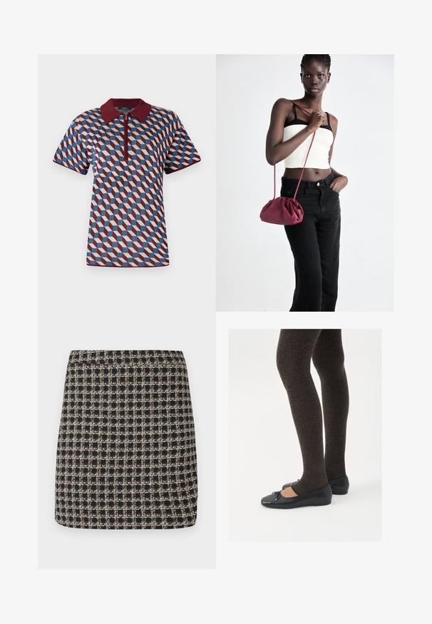 Short-sleeve polo shirt featuring a geometric pattern in burgundy, blue, and cream, with a zippered front and ribbed collar.; Black and beige checkered mini skirt with a textured weave and a smooth waistband, featuring a structured fit and simple design.; Black flat shoes with a small bow detail at the toe, paired with dark brown ribbed tights. Shoes have a smooth texture and low profile.; Burgundy soft fabric handbag with a gathered design and a long strap, worn crossbody. Model wears a white crop top and black jeans.