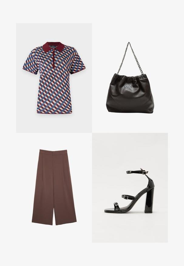 Polo majica u geometrijskom uzorku s bordo, plavom i krem bojom, kratkim rukavima i zatvaranjem na zip s rebrastim ovratnikom.; Smeđe hlače širokog kroja s glatkom teksturom, koje imaju visok struk i nabore sprijeda. Tkanina je lagana i slobodno se kreće.; Crne lakirane sandale na pete sa kvadratnim nosom, trakama oko gležnja i srebrnim kopčama. Imaju čvrst blok petu za stabilnost.; Smeđa kožna torba s naboranim vrhom i lančićem za nošenje. Glatka tekstura s sjajnim završetkom i suptilnim šavnim detaljima sa strane.