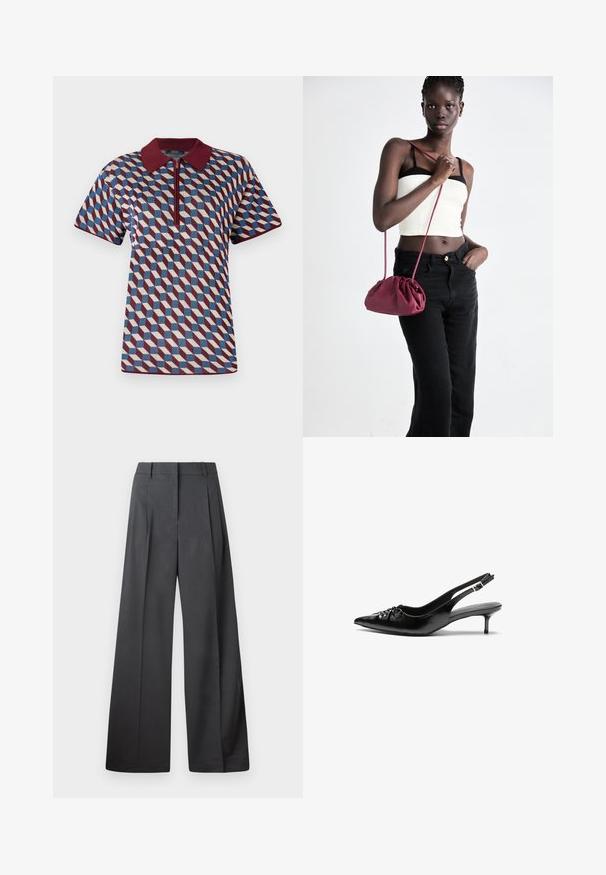 Polo shirt in geometric pattern featuring maroon, blue, and cream colors, short sleeves, and a zip closure with a ribbed collar.; Wide-leg trousers in dark gray fabric, featuring a high waist, single pleats, and a smooth texture with a clean finish at the hems.; Black leather slingback heels with a pointed toe, small kitten heel, and a decorative knot detail on the front. Smooth texture throughout.; Burgundy soft fabric handbag with a gathered design and a long strap, worn crossbody. Model wears a white crop top and black jeans.