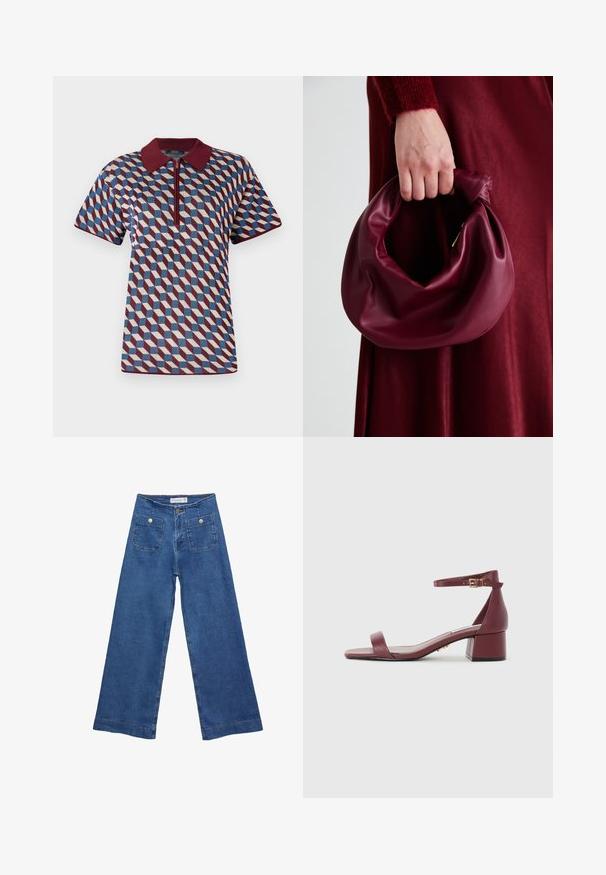 Polohemd im geometrischen Muster mit bordeauxroten, blauen und cremefarbenen Akzenten, kurzen Ärmeln und einem Reißverschluss mit geripptem Kragen.; Denim-Hosen im weiten Schnitt mit einer mittleren blauen Waschung, zwei Vordertaschen mit Knopfverschluss und genähten Details entlang der Säume.; Burgunderfarbene Leder-Sandale mit quadratischer Spitze, dünnem Knöchelriemen, goldenen Beschlägen und einem klobigen Blockabsatz. Glatte Textur und minimales Design.; Burgunderleder-Handtasche mit einem weichen, gerafften Design und einer gerundeten Form. Der Griff ist gesichert und zeigt eine glatte Textur.