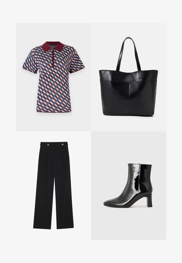 Polokrūtinė marškinė su geometriniu raštu, kuriame dominuoja bordo, mėlyna ir grietinėlės spalvos, trumpomis rankovėmis ir užtrauktuku bei nerta apykakle.; Juodi plačios kojos kelnės su aukštu liemeniu, sagų detalėmis ant liemens ir priekinėmis raukšlėmis.; Juodos lakuotos odinės aulinukės su smailiu pirštu ir vidutinio aukščio blokuotu kulnu. Lygus paviršius ir minimalistinis dizainas.; Juoda odinė rankinė su dviem ilgais diržais, lygiu paviršiumi ir struktūrizuota forma. Yra priekinė kišenė papildomam saugojimui.