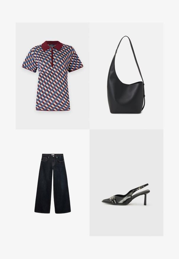 Polo majica s kratkim rukavima s geometrijskim uzorkom u boji burgundca, plave i krem, s patentnim zatvaračem sprijeda i rebrastim ovratnikom.; Široke tamne traperice s visokim strukom, koje imaju kontrastne šavove, prednje džepove i minimalistički dizajn.; Crna lakirana slingback cipela s izduženim vrhom, remenčićima oko gležnja s srebrnim kopčama i dijelovima, te vitkim potplatom.; Crna kožna hobo torba s glatkom teksturom, zakrivljenim oblikom i jednom podesivom trakicom; ima širok otvor na vrhu.