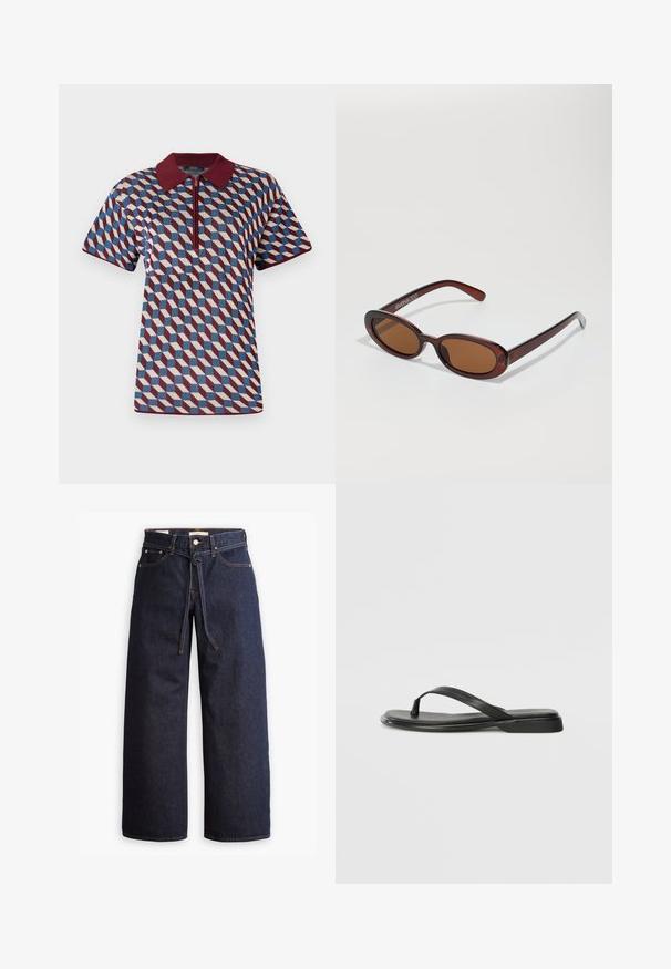 Gömblik gyümölcsös mintával, bordó, kék és krémszínű árnyalatokban, rövid ujjakkal és cipzáras záródással, bordázott gallérral.; Széles lábú, sötétkék farmernadrág magas derékkal, húzózsinórral, öt zsebbel és kontrasztos varrással.; Fekete papucs sima bőrből, vékony pántkel és lapos talppal rendelkezik, minimális profilú. Nincsenek kiemelkedő minták vagy díszítések.; Kerek, barna árnyalatú napszemüveg fényes burgundi kerettel. Karcsú karok diszkrét márkázással. Lapos lencse kialakítás.