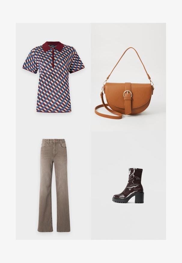 Geomeetrilise mustriga polo-särk, kus on burgundi, sinine ja kreemivärv, lühikesed varrukad ning tõmbluku sulgemine ribakrae lähedal.; Pruunid kõrge vöökohtadega sirged teksad, millel on ees nupp, vöölõngad ja klassikaline viie tasku disain valgel taustal.; Klakav läikiv burgundi värvi pahkluu saabas, millel on paks must konts, sile tekstuur ja lihtne disain. Nähtavad kinnitused või mustrid puuduvad.; Pruun nahast õlakott, millel on kumer kuju, kullavärvi riistvara ja pandlaga kaunistus. Omab eemaldatavat õlarihma.