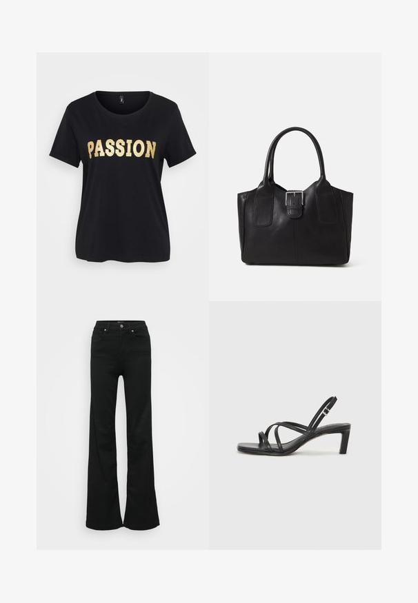 Tricou negru din bumbac cu mâneci scurte și decolteu rotund. Are inscripționat în text auriu sclipitor cuvântul "PASSION" pe partea din față.; Jeans negri evazați din denim, cu talie înaltă, cinci buzunare și închidere cu nasture metalic. Textură netedă, cu detalii minime.; Sandal cu barete negre, cu vârf pătrat și toc mic de bloc. Prezintă mai multe barete subțiri și o bareta ajustabilă la gleznă. Fabricat din piele netedă.; Geantă tote din piele neagră cu textură netedă, formă structurată, două mânere și un detaliu proeminent din aliaj de argint pe partea din față.