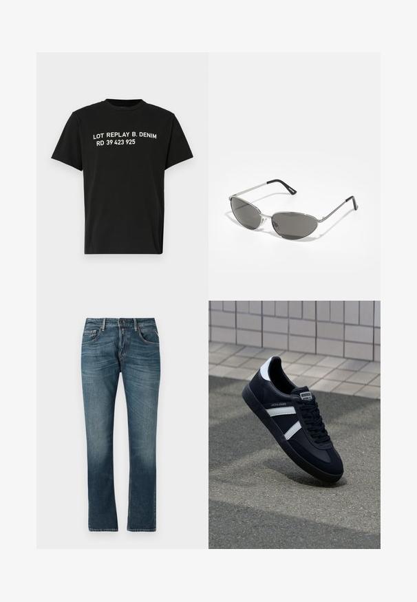Camiseta de algodón negra de manga corta, con texto blanco: "LOT REPLAY B. DENIM RD 39 423 925" centrado en el pecho.; Jeans de mezclilla azul con un corte recto, lavado desgastado, diseño de cinco bolsillos y costuras en contraste. Cierre de botón y cremallera.; Zapatilla de cuero negra con rayas blancas, suela de goma texturizada y parte frontal con cordones. Cuenta con una etiqueta de marca en la lengüeta.; Gafas de sol con un elegante marco de metal plateado, lentes tintados de color gris y un diseño aerodinámico que presenta bordes puntiagudos y patas delgadas.