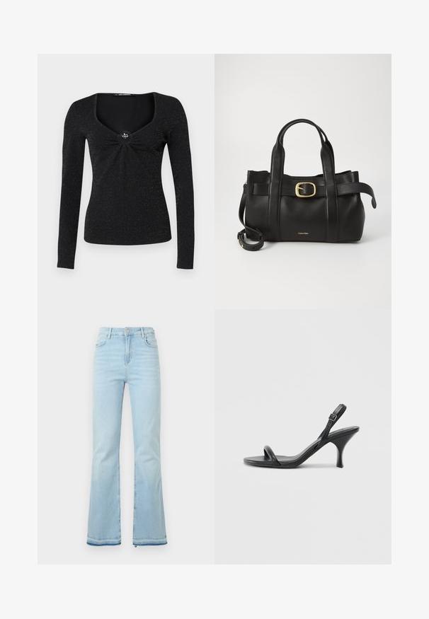 Svart langermet topp med firkantet utringning, som har en samlet detalj i midten og en dekorativ accent. Stoffet har en subtil glans.; Lyseblå flagrende jeans laget av denim, med høy midje, frontlommer og rå kant ved mansjettene for et uformelt utseende.; Sorte skinnhøye hæler med en slank, buet hæl og et kryssrem-design. Justerbar ankelrem. Glatt tekstur.; Svart lærveske med en strukturert design, doble topphåndtak, gullfarget spenneakent og preget merke-logo foran.