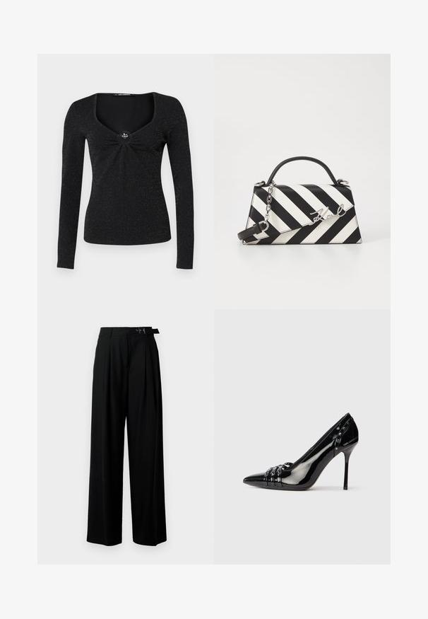 Black long-sleeve top with a square neckline, featuring a gathered detail at the center and a decorative accent. The fabric has a subtle shimmer.; Black wide-leg trousers with a high waist, pleats at the front, and a belt featuring a buckle. Made from smooth, lightweight fabric.; Black patent leather stiletto heel shoe with pointed toe, three decorative straps with studs, and "Karl Lagerfeld" branding on heel.; Black and white striped handbag with a structured shape, featuring a top handle, a detachable chain strap, and metallic logo accent.