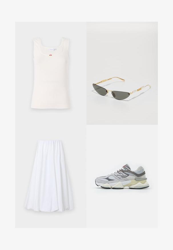 Balta įsitempusi tankų marškinėlį su kvadratiniu iškirpimu ir siaurais petnešomis. Centre yra maža gėlių detalė.; Balta kulkšnies ilgio sijonas su elastinga juosta, pagamintas iš lengvos medžiagos, turinčios lygią tekstūrą ir lengvai krentančią siluetą.; Pilkas zomšinis ir tinklinis sportbačius su storu baltu ir smėlio spalvos padu, featuring ryškų baltą logotipą ir raudonus akcentus.; Auksiniu rėmu aptrauktos saulės akinių su tamsiai pilkais lęšiais. Unikali katės akies forma. Šventyklos puošia pakaitiniai auksiniai karoliukai ir perlų akcentai.