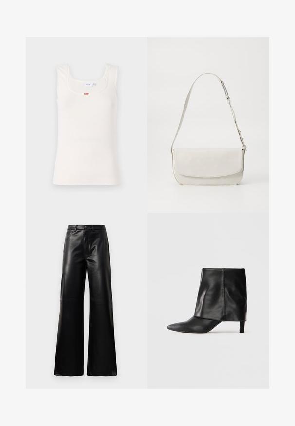 Hvid ribbet tanktop med firkantet halsudskæring og smalle stropper. Har en lille blomsterdetalje i midten af brystet.; Sorte high-waisted bukser i bred ben i imiteret læder med forreste knap, lynlås, bæltestropper og sidelommer på hvid baggrund.; Sort læderstøvle til midten af læggen med spids tå, foldet øvre skaft og slank lav hæl, der står på hvid baggrund.; Hvid læder skuldertaske med glat finish, rektangulær form, klaplukning og justerbar rem. Enkel syning detaljer.