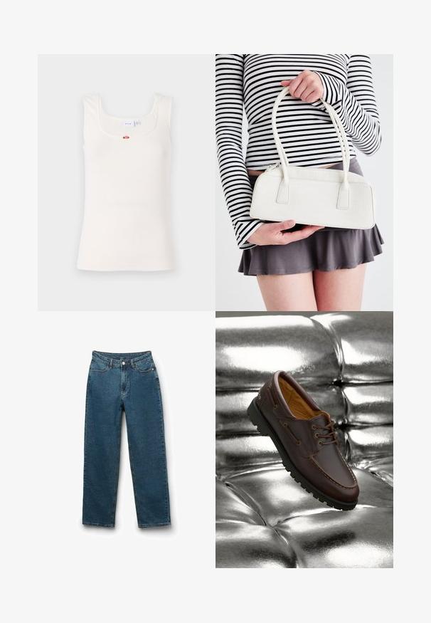 Weißes, geripptes Tanktop mit quadratischem Ausschnitt und schmalen Trägern. Besitzt einen kleinen floralen Akzent in der Mitte der Brust.; Dunkelblaue Denim-Jeans mit gerader Beinform, Fünf-Taschen-Stil, Knopfverschluss und sichtbaren Nähten.; Braune Lederbootsschuhe mit schwarzer Gummisohle, die auf einer glänzenden metallischen silbernen gepolsterten Oberfläche ruhen.; Weiße Handtasche mit Krokodilprägung, zwei Griffen, rechteckiger Form und Reißverschluss. Vor einem hellen Hintergrund präsentiert.