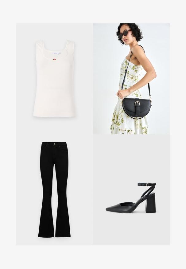 Hvid ribbet tanktop med firkantet halsudskæring og smalle stropper. Har en lille blomsterdetalje i midten af brystet.; Sorte højtaljede jeans med knap- og lynlåslukning, forlommer og flagrende ben, lagt fladt på en hvid baggrund.; Sort læder spidse pumps med ankelrem og en chunky hæl. Flad tekstur, slankt design og minimalistisk æstetik.; Sort læderhåndtaske med en buet form, aftagelig rem og guldfinish. Tasken har en klap med en spænde detalje.