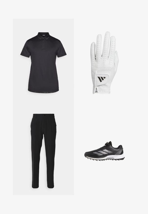 Čierna polo tričko vyrobené z hladkej tkaniny, s gombíkovou légou, krátkymi rukávmi a subtílnym logom na hrudi.; Čierne nohavice s rovnými nohavicami, ktoré majú jedno predné vrecko, pútka na opasok a zapínanie na gombík. Hladká textúra látky.; Čierne bežecké topánky Adidas Adizero s bielou podrážkou, striebornými pruhmi a systémom šnurovania s otočným prvkom, zobrazené z ľavého bočného profilu.; Biele kožené golfové rukavice s perforovanými prstami, texturovaným šitím a čiernym akcentovým logom na zápästí. Úzky strih na zabezpečenie úchopu.