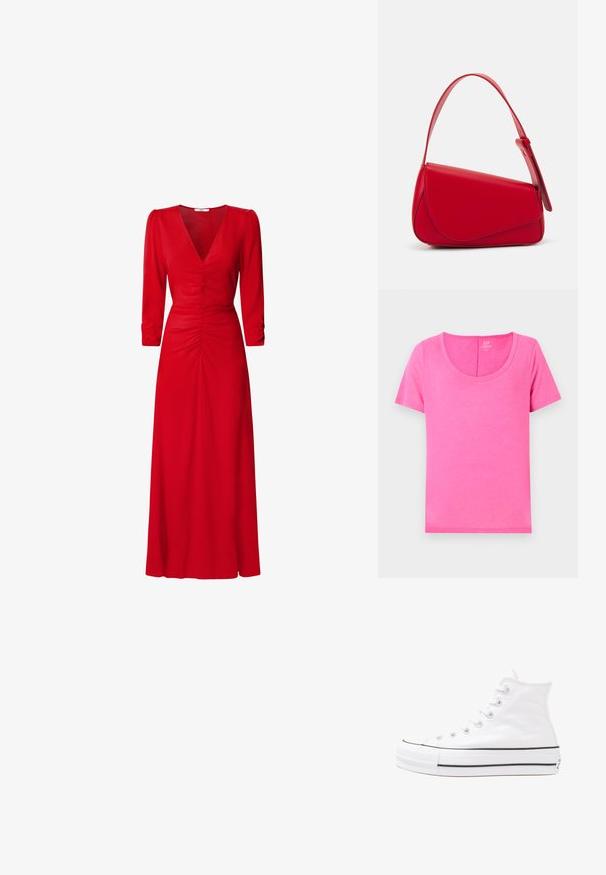 Rózsaszín pamut póló, kerek nyakkivágással és rövid ujjakkal. Sima tapintású, egyenes szabású, alkalmi viseletre megfelelő.; Piros ruha V kivágással, háromnegyedes ujjakkal és gyűrt részletekkel a derékrészen és a háton. Az anyag simának és könnyűnek tűnik.; Fehér magaskorsó vászon sportcipő fekete gumi talppal, elülső gumi orrnyereggel és hat fűzőlyukkal, letisztult, minimalista dizájnnal.; Piros bőr kézitáska szögletes, geometrikus kialakítással. Egy állítható pánttal és varrott részletekkel ellátott fedélzárral rendelkezik.