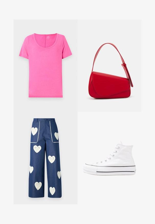 Tricou roz din bumbac, cu un guler rotund și mâneci scurte. Are o textură netedă și o croială dreaptă, potrivit pentru ținute casual.; Sister Jane HEART TO HEART - Blugi drepți - blue denim; Adidași albi tip pantofi sport cu glezna din pânză, cu talpă din cauciuc negru, capac de vârf din cauciuc frontal și șase ochiuri pentru șireturi, având un design curat și minimalist.; Geantă de mână din piele roșie, cu un design unghiular și geometric. Dispune de o singură curea ajustabilă și un sistem de închidere cu clapetă, cu detalii cusute.