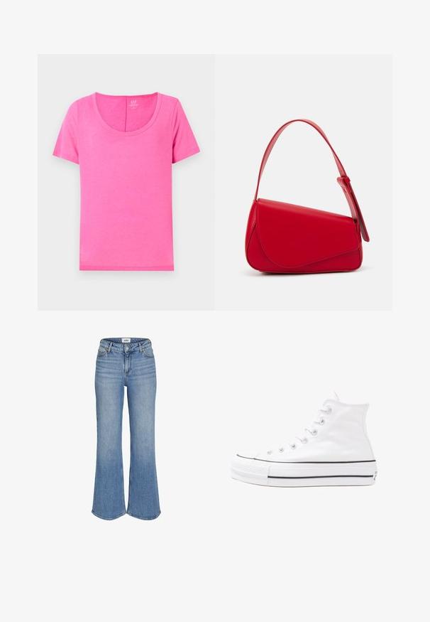 Rosa bomull T-shirt med rundad halsringning och korta ärmar. Har en jämn yta och rak passform, lämplig för vardagsbruk.; Ljusblå denimjeans med utsvängd nederdel och hög midja, med framfickor, dragkedja och diskret blekning. Sömmarna är synliga längs kanterna.; Vit hög topp canvas sneaker med svart gummisulan, framsidan gummitåhätta och sex öglor för snören, med en ren, minimalistisk design.; Röd läderhandväska med en vinkelrät, geometrisk design. Har ett justerbart axelband och en klaffstängning med sydda detaljer.