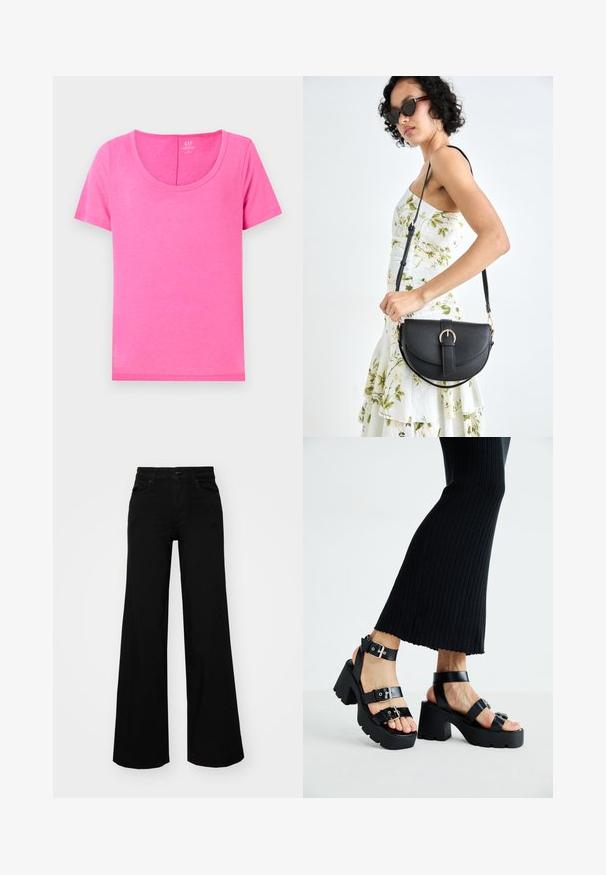 T-shirt de algodão rosa com decote redondo e mangas curtas. Apresenta uma textura suave e um corte reto, ideal para uso casual.; Calças largas pretas em denim, com uma cintura estruturada, passantes para cinto e bolsos frontais. Textura suave com um design clássico.; Sandálias de plataforma pretas com solas robustas e com garras, várias correias, apresentando fivelas de metal e uma textura suave semelhante a couro.; Bolsa de couro preta com forma curva, alça destacável e detalhes em dourado. A bolsa possui uma aba com detalhe de fivela.