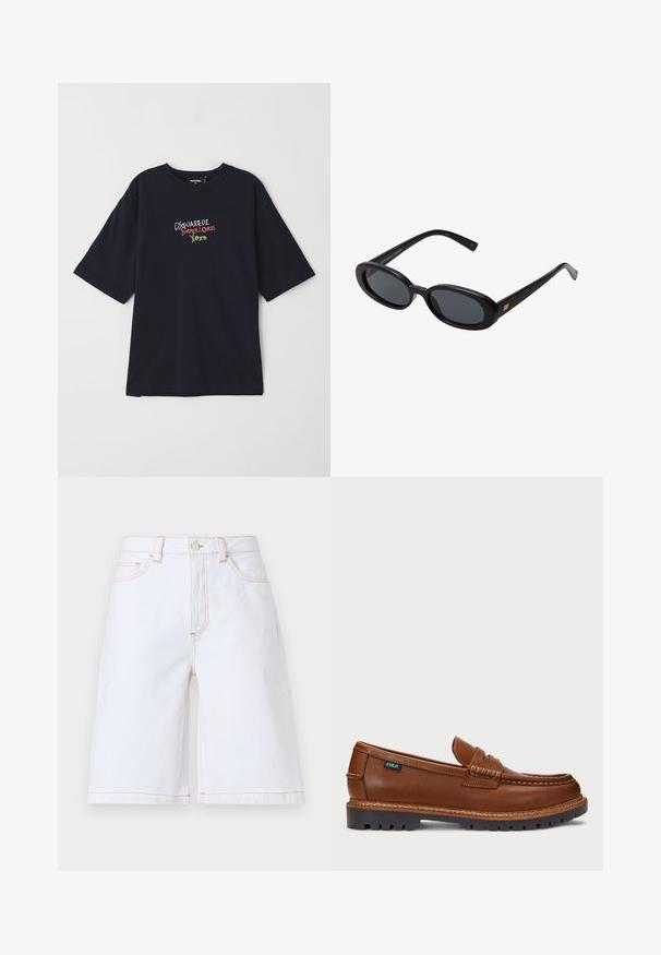 Navy blue cotton T-shirt with short sleeves. Features colorful embroidered text: "DSQUARED2 SUMMER LOVERS XOXO" in red, green, and white.; White denim shorts featuring a straight cut, five pockets, and contrasting tan stitching. Includes a front button and zipper closure.; Brown leather loafer with decorative stitching and a textured toe. The sole features a rugged design, offering traction and durability.; Black oversized sunglasses with oval lenses, smooth plastic frame, and gold accents on temple. Dark lenses provide sun protection.