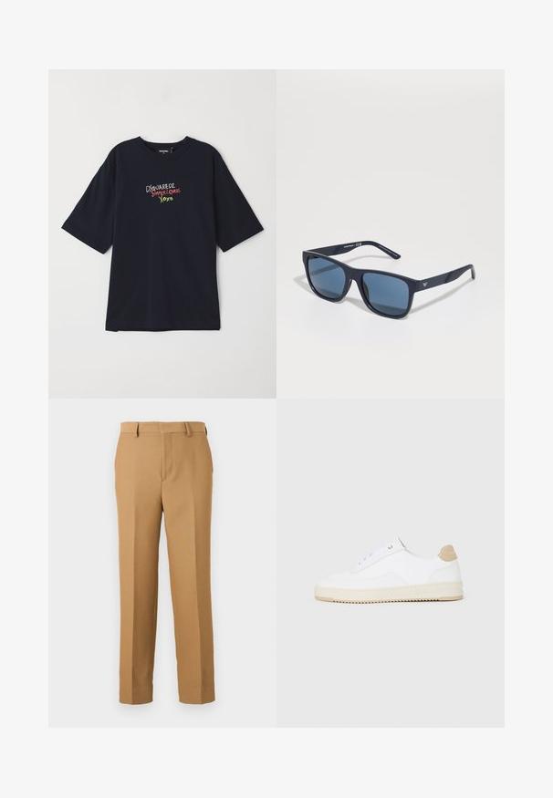 Tumedast puuvillane T-särk lühikeste varrukatega. Omab värviliselt tikitud teksti: "DSQUARED2 SUVE ARMASTAJAD XOXO" punases, rohelises ja valges.; Beige dressipüksid, mis on valmistatud kootud kangast, sirge lõikega, lapikud ees ja vöökohaga silmad. Sujuv tekstuur, ilma nähtavate mustriteta.; Valged madala varsaga tennisetooted, mille pealmine on tekstuuriga nahast, kreemja soonikuga tald ja pruuni tooni kand. Omab valgeid paelu ja logodetaile kanna peal.; Sinine ristkülikukujuline prillid tumedate läätsedega, matt laevastiku raam, logo detail templil, sirged käed ja kindel, sile tekstuur.