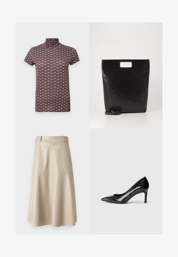 Short-sleeve, high-necked top in dark purple with a geometric pattern in red and cream. Lightweight fabric with smooth texture.; Beige leather midi skirt with a smooth texture, wide waistband, and flared hem; features stitched seams for added detail.; Black pointed-toe high heels with a glossy finish and subtle textured pattern. Features a moderate heel and open throat design.; Black leather tote bag with a square handle, featuring a textured finish and embossed logo. Includes a detachable strap.