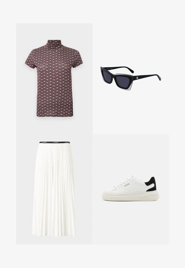 Top a manica corta con collo alto di colore viola scuro, con motivo geometrico in rosso e crema. Tessuto leggero dalla texture liscia.; Gonna bianca plissettata con elastico nero in vita che presenta il logo "LACOSTE". Design di lunghezza media con texture morbida.; Sneaker bianchi in pelle con suola spessa bianca, accento in suede nero sul tallone e logo impresso sul lato. Design con lacci e sei fori per i lacci.; Occhiali da sole oversize neri dalla forma geometrica, con lenti scure e un dettaglio grigio a contrasto sulla montatura. Logo sul braccio.