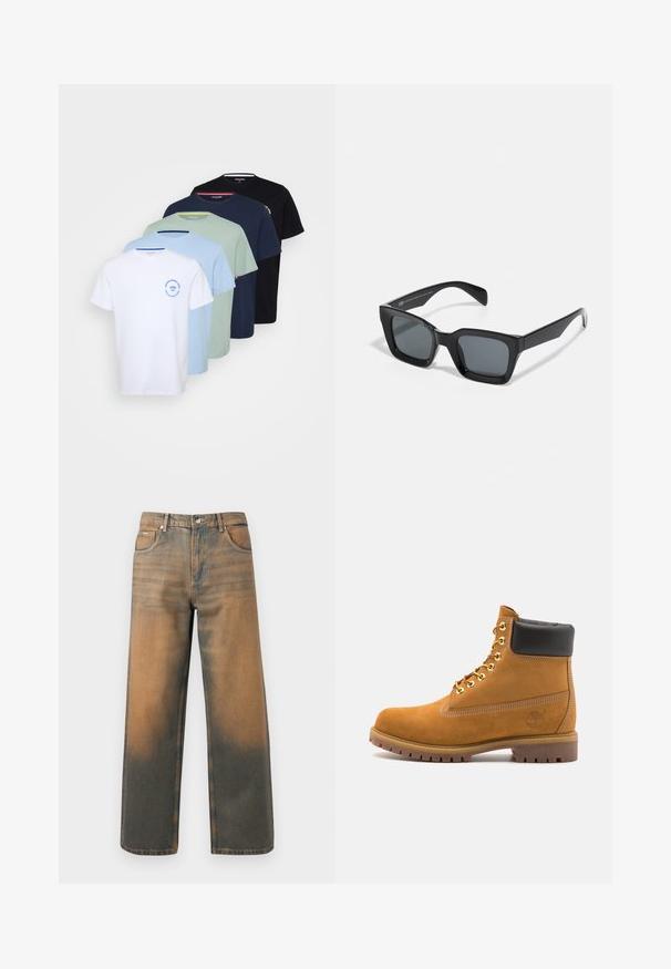 Penki trumpomis rankovėmis marškinėliai baltos, šviesiai mėlynos, mėtų žalumos, tamsiai mėlynos ir juodos spalvos; medvilninė medžiaga, su apvaliu kaklu ir logotipo akcentais.; Plati kojinės džinsai su nusidėvėjusia mėlyna ir ruda džinsinio audinio spalva. Yra aukštas liemuo, priekinės kišenės ir klasikinis sagų uždarymas su metaliniais akcentais.; Tan spalvą turintys suknelės batus iki kulkšnies su juodu paminkštintu apvadu, auksiniais metaliniais akių užsegimais, baltais siūlų dekoratyviniais elementais ir tvirtu guminiu padu su ryškiai išreikštais raštais.; Juodos stačiakampės saulės akiniai su tamsiais lęšiais. Plastikinis rėmas su blizgiu paviršiumi, turintis plačią tiltelio dalį ir šiek tiek siaurėjančius šonus.